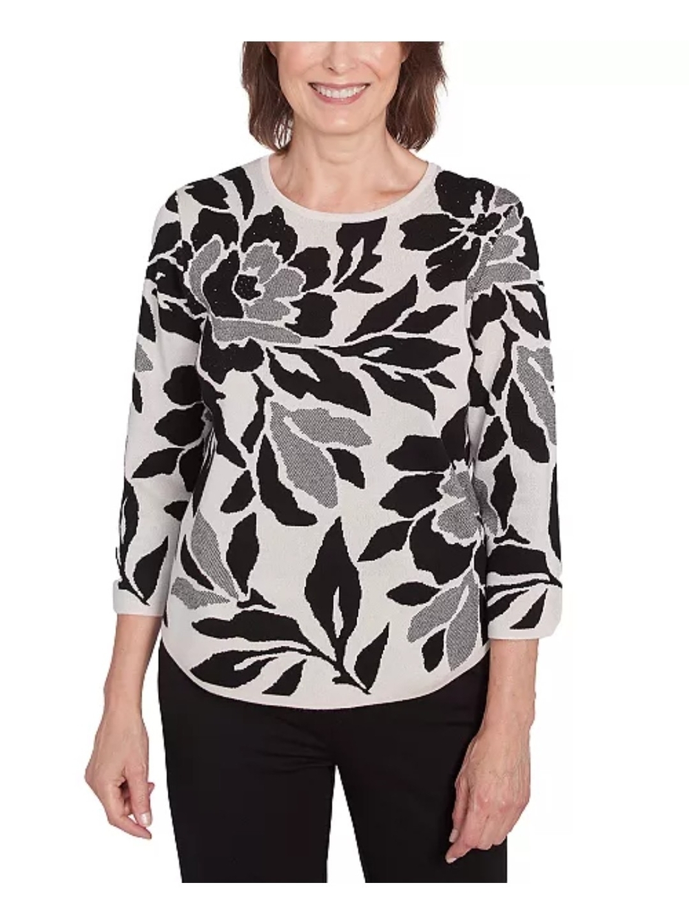Alfred Dunner Black & White Floral Crewneck Sweater